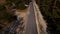 Aerial follow shot behind two bicyclists riding along country road with trees on sides