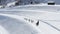 Aerial follow view male riding on sled dogs running on road at amazing winter nature landscape. Active man enjoying