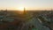 Aerial footage of Christiansborg palace with tall tower at sunset. View of historic city center. Copenhagen, Denmark