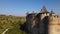 Aerial footage drone flies forward very close to the surviving medieval Khotyn Fortress castle in Ukraine