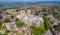 Aerial footage of the Lincoln Cathedral, Lincoln Minster in the UK city centre of Lincoln East Midlands on a bright sunny summers