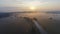 Aerial footage video of foggy morning. Flying over the Desna river. Sunrise time. Kyiv region, Ukraine.