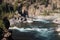 Aerial Footpath crossing the Wild Kootenai River in mountains of Northwestern Montana