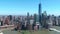 Aerial of freedom tower and new york skyline