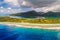 Aerial French Polynesia luxury travel honeymoon destination. Beach vacation at motu island of Huahine, Tahiti, Oceania adventure.