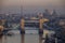 Aerial front view of the Tower Bridge of London