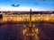 Aerial front view at the Winter Palace building in white nights, exterior Palace Square and Aleksandr Column at summer. Top view