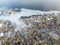 Aerial frozen lake shore