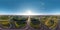 aerial full spherical seamless hdr 360 panorama over huge road junction of freeway at height of 200 meters at susnset in