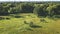 Aerial green grass field. Countryside nobody nature landscape. Rural dirt road at grassy valley