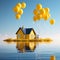 Aerial Harmony: Minimal Conceptual Image of Floating Yellow House and Gold Balloons on Blue Background (3D Rendering