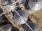 Aerial high angle view of industrial grain elevators and dryers in South Dakota