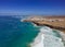 Aerial high level panoramic view of El Cotillo town and beaches near Corralejo in Fuerteventura