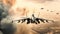 aerial high view of fighter jets flying in a military combat zone, Fighter jets flying in a military combat zone