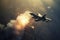 aerial high view of a generic military fighter jet crosses over a target bombing location during a special operation