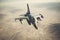 aerial high view of a generic military fighter jet crosses over a target bombing location during a special operation