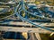 Aerial High View over texas Highway Exchange Overpass Traffic Transportation Urban Sprawl