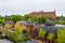 Aerial of historic downtown Lancaster, Pennsylvania with blooming trees