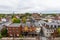 Aerial of historic downtown Lancaster, Pennsylvania with blooming trees