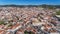 Aerial. Historic Spanish village Jerez de los Caballeros filmed from the sky.