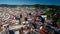 Aerial. Historic Spanish village Jerez de los Caballeros filmed from the sky