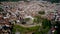 Aerial. Historic Spanish village Jerez de los Caballeros filmed from the sky.