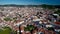 Aerial. Historic Spanish village Jerez de los Caballeros filmed from the sky