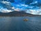 Aerial iconic sunset view over the port of Kalamata seaside city in Messenia, Greece