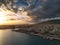 Aerial iconic sunset view over the port of Kalamata seaside city in Messenia, Greece