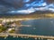 Aerial iconic sunset view over the port of Kalamata seaside city in Messenia, Greece