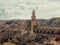 Aerial image ancient architecture view of Bocairent against hills and cloudy sky background