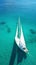 Aerial image of beautiful sailboat cruising in blue open ocean. Luxury white yacht. Generative AI