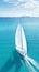 Aerial image of beautiful sailboat cruising in blue open ocean. Luxury white yacht. Generative AI