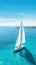 Aerial image of beautiful sailboat cruising in blue open ocean. Luxury white yacht. Generative AI