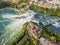 Aerial image with drone over the Rhine Falls and Castle Laufen in Switzerland