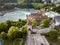 Aerial image with drone over the Rhine Falls and Castle Laufen in Switzerland