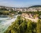 Aerial image with drone over the Rhine Falls and Castle Laufen in Switzerland