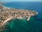 Aerial image drone point of view turquoise bay of Mediterranean Sea waters and coastline Cabo Roig Torrevieja