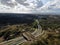 Aerial image of ecoduct crossing highway in dunes national park in the Netherlands