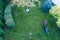 Aerial image of girl mowing lawn