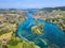 Aerial image of Lower Rhine river with view of Islet Werd and city Stein am Rhein