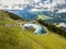 Aerial image of the mountain lake Haerzlisee above the Engelberg in Titlis region