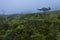 Aerial image overlooking mysterious forest in fog landscape at Cabeco Gordo on Faial island, Azores