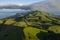 Aerial image showing the volcanic mountains of the San Jorge Island in the Azores, near pico de la Esperanza