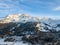 Aerial image of the Swiss Alps village Sils Maria or Segl Maria with Piz Corvatsch