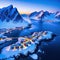 Aerial image of a winter sunset showing a blue snow capped a a a and a Hamnoy in the Norwegian Lofoten vistas in all