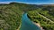 Aerial of Jennings Randolph lake surrounded by woods, West Virginia and Maryland.