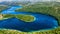 Aerial of Jennings Randolph lake surrounded by woods, West Virginia and Maryland.