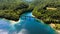 Aerial of Jennings Randolph lake surrounded by woods, West Virginia and Maryland.