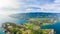 Aerial: lake Toba and Samosir Island view from above Sumatra Indonesia. Huge volcanic caldera covered by water, traditional Batak